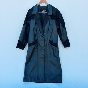 Vintage 80s Black Leather Trench Coat Long Western Cowboy Patterned Suede Medium